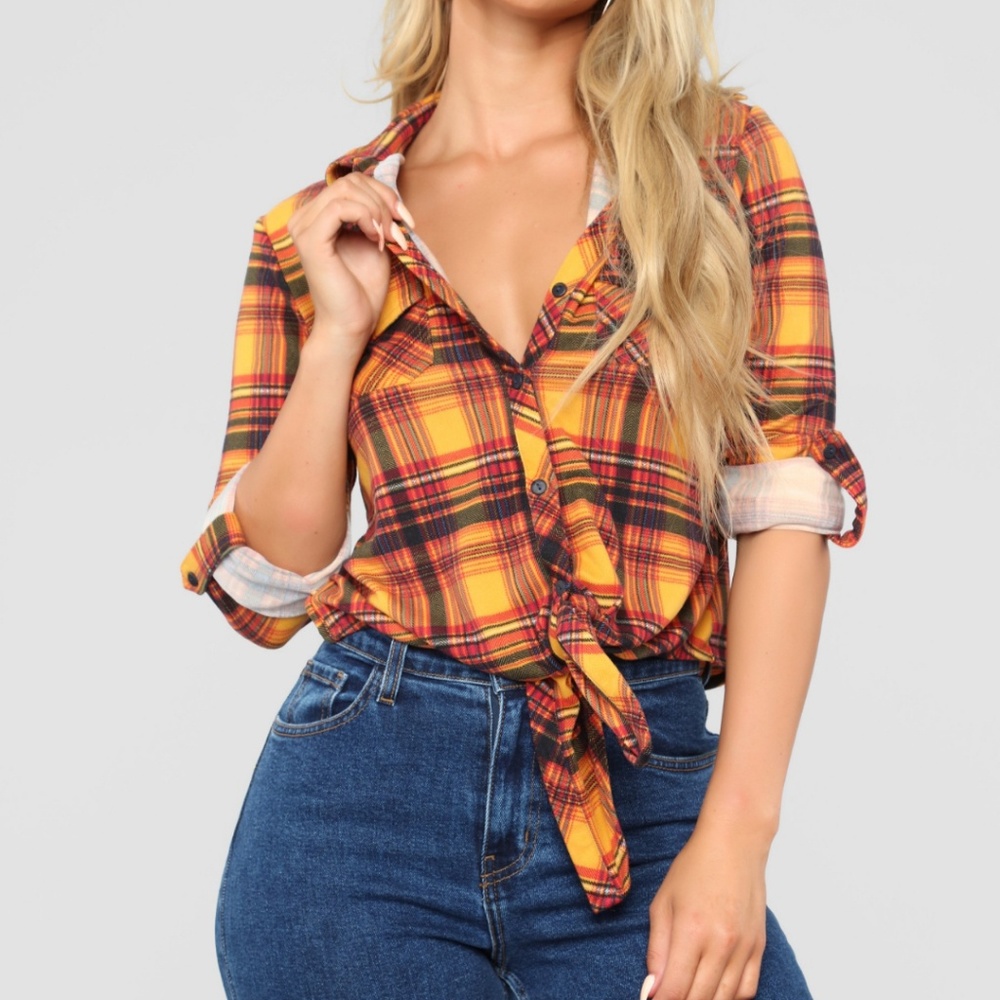 Plaid knot top mustard fashion nova